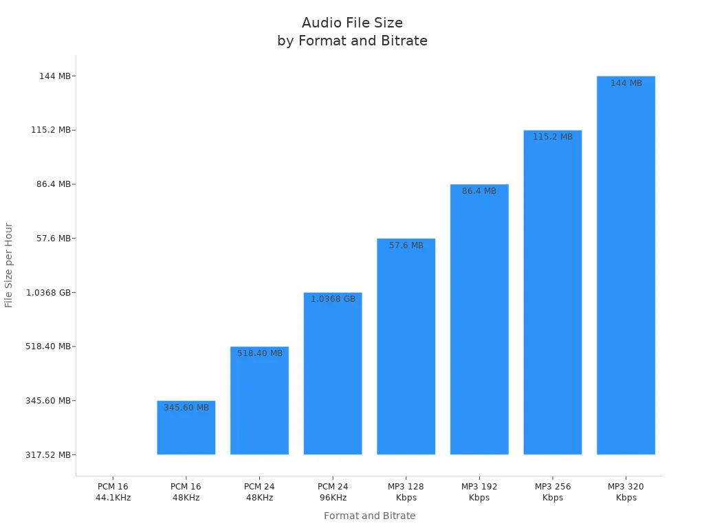 Bar chart comparing audio file sizes per hour for different formats and bitrates