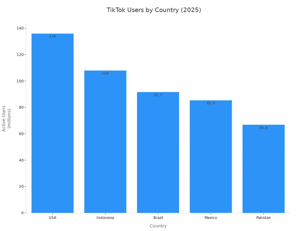 Bar chart comparing TikTok user counts in USA, Indonesia, Brazil, Mexico, and Pakistan for 2025
