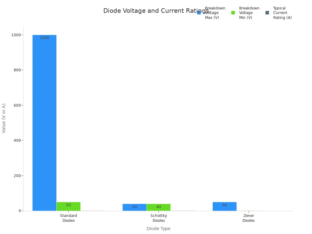 Bar chart comparing breakdown voltage and current ratings of standard, Schottky, and Zener diodes