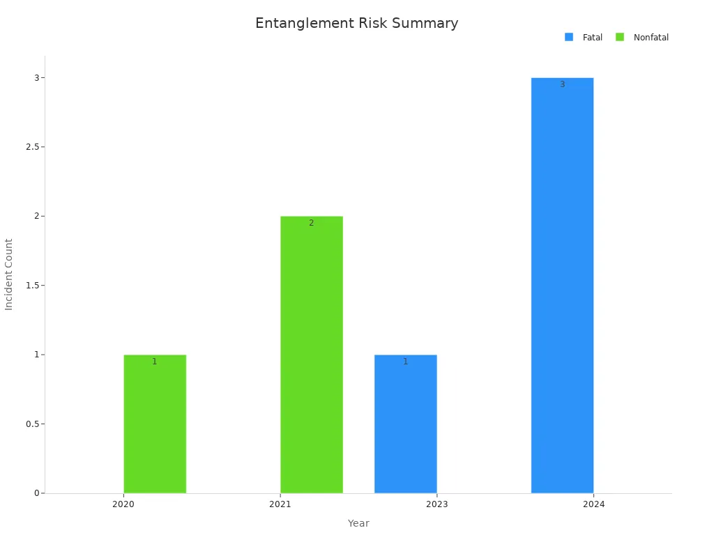 Bar chart showing incident counts by year for fatal and nonfatal entanglement risks