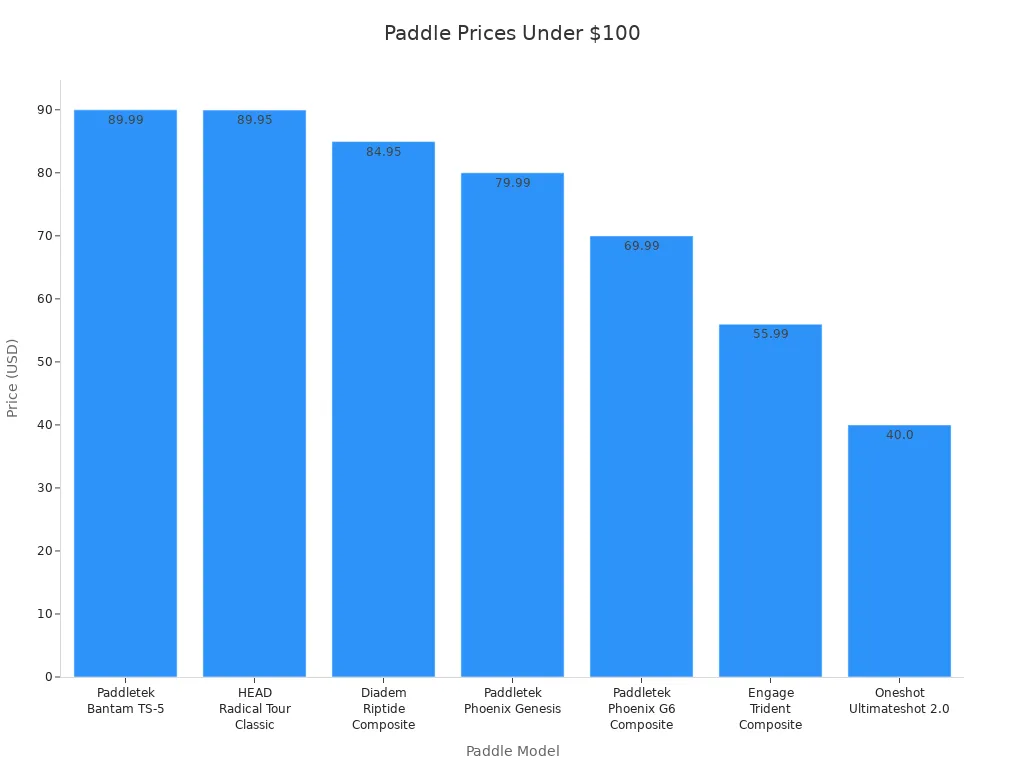 Bar chart showing price comparison of pickleball paddles under $100 by model