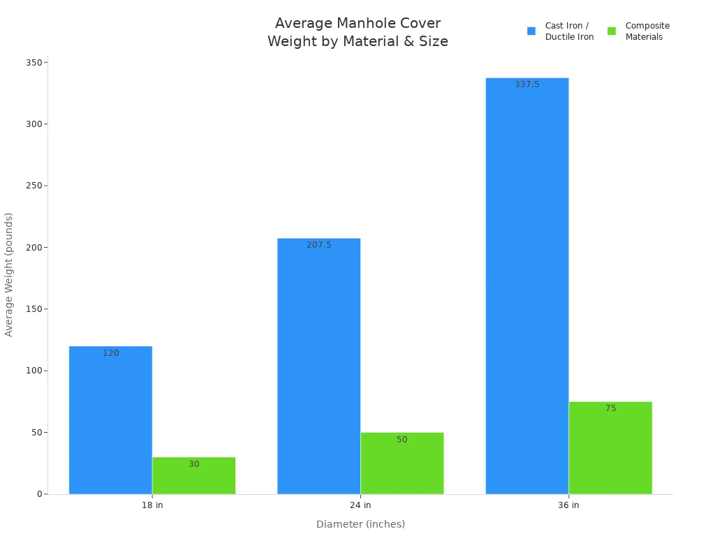Bar chart comparing average manhole cover weights by material and diameter