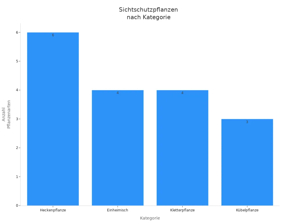Balkendiagramm mit der Anzahl der Sichtschutzpflanzen pro Kategorie im mitteleuropäischen Klima