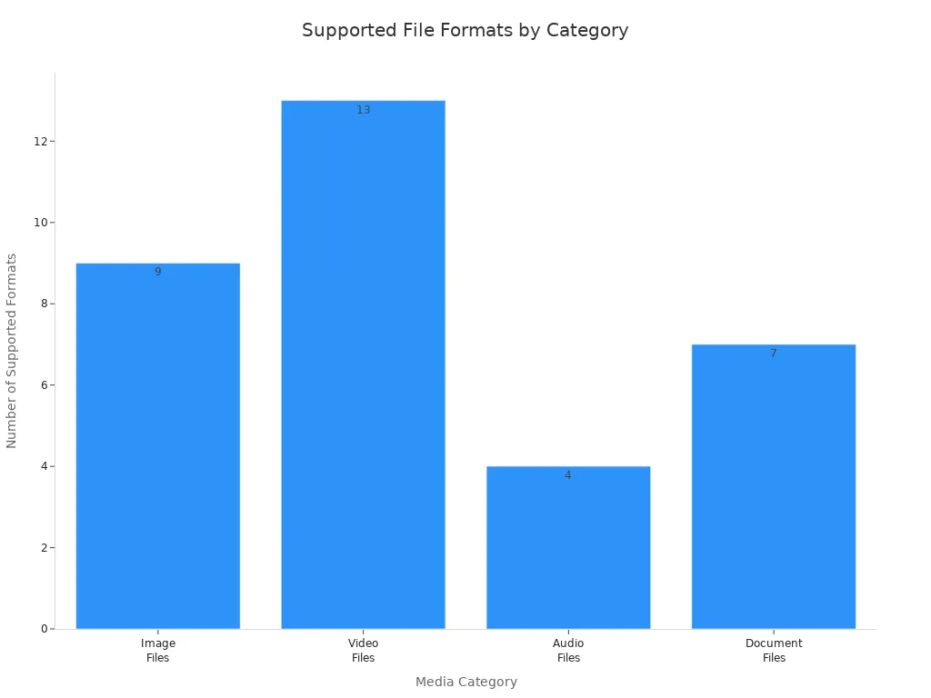 Bar chart comparing number of supported file formats for images, videos, audio, and documents in digital signage apps