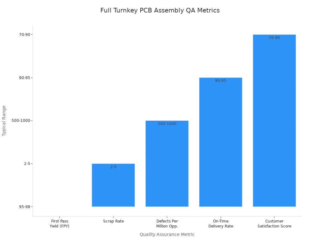 Bar chart showing five quality assurance metrics for full turnkey PCB assembly with their typical ranges.