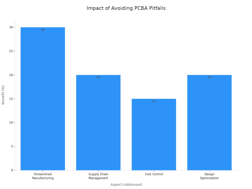 Bar chart showing percentage benefits of avoiding PCBA prototype assembly pitfalls across project aspects
