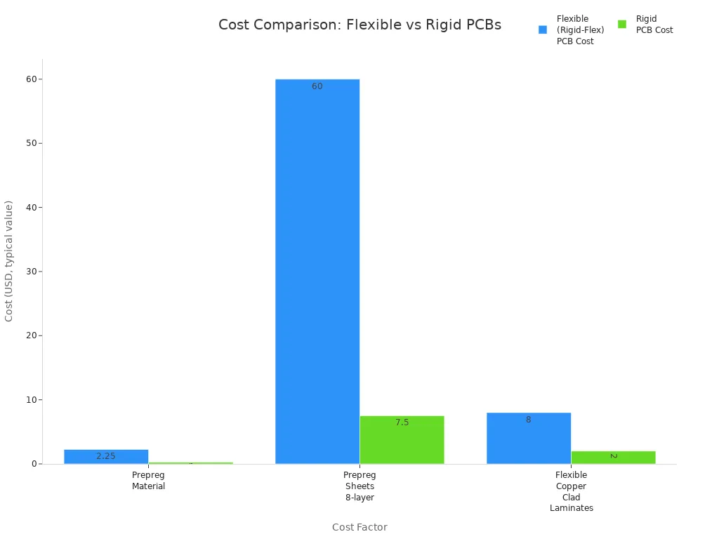 Bar chart comparing typical costs of flexible and rigid PCBs across key cost factors