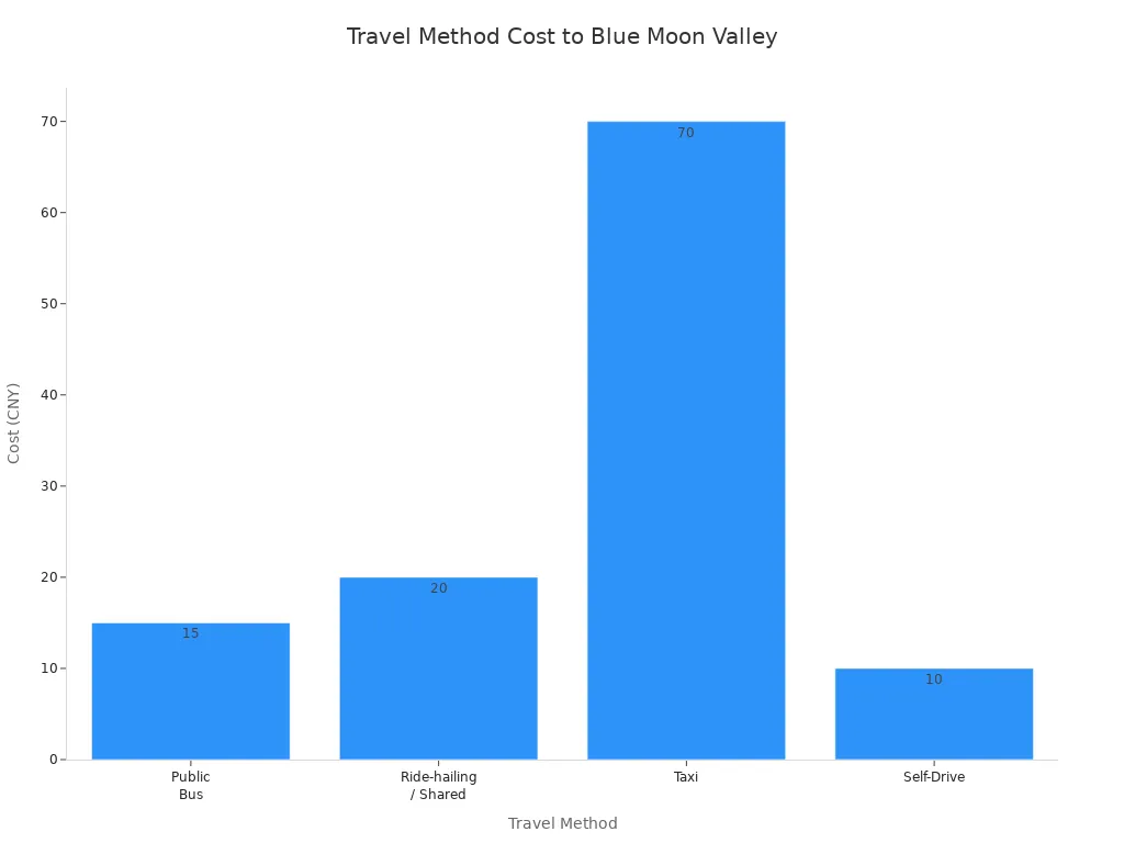 Bar chart comparing minimum travel costs to Blue Moon Valley by method