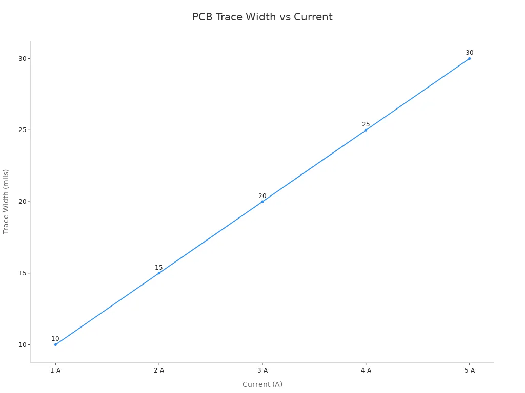 Line chart showing recommended PCB trace width for different currents