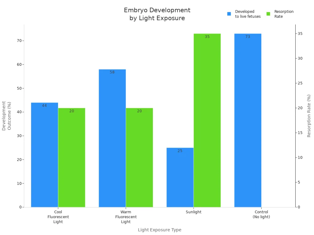 Bar chart comparing embryo development and resorption rates under different light exposures