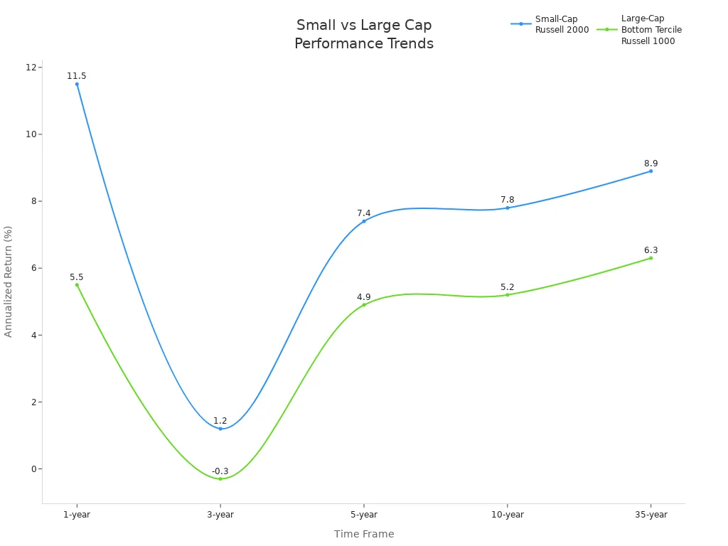 Liniendiagramm: Small-Cap- vs. Large-Cap-Performance über fünf Zeiträume