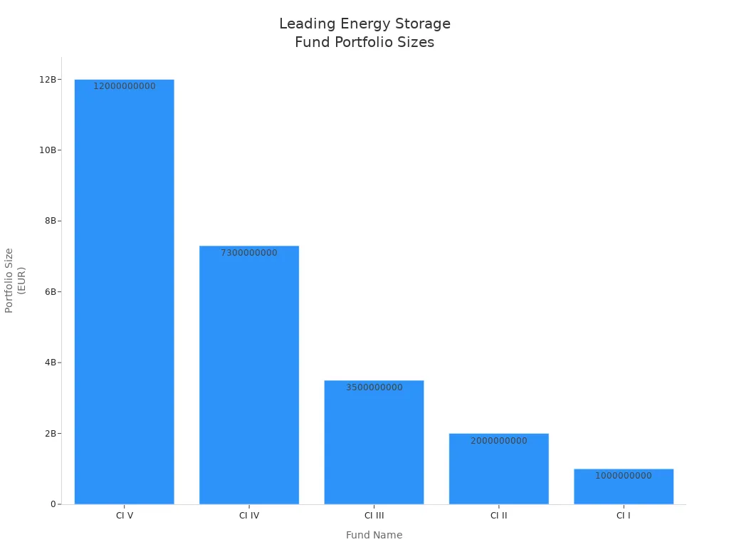 Bar chart comparing portfolio sizes of leading energy storage investment funds