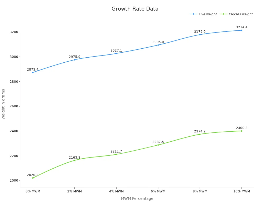 Line chart showing rise in live and carcass weights with increasing MWM percentage.