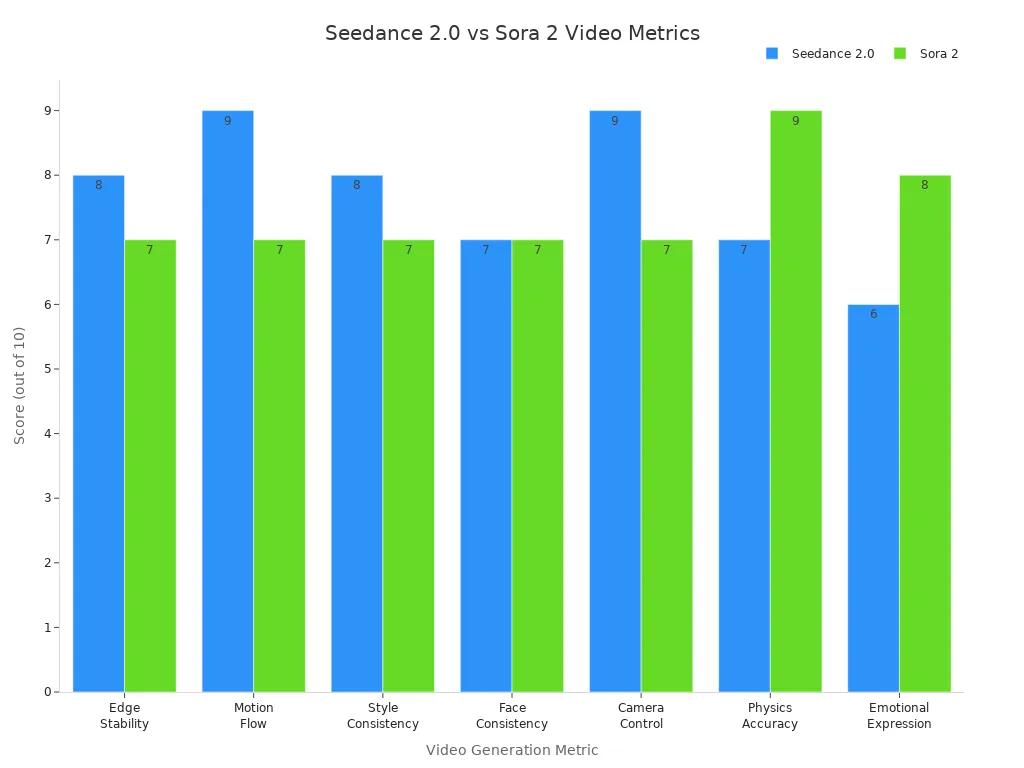 Bar chart comparing Seedance 2.0 and Sora 2 across seven video generation metrics