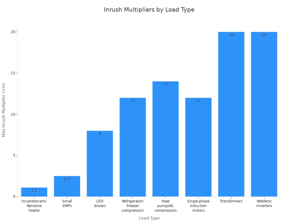 Bar chart comparing maximum inrush current multipliers for various industrial load types