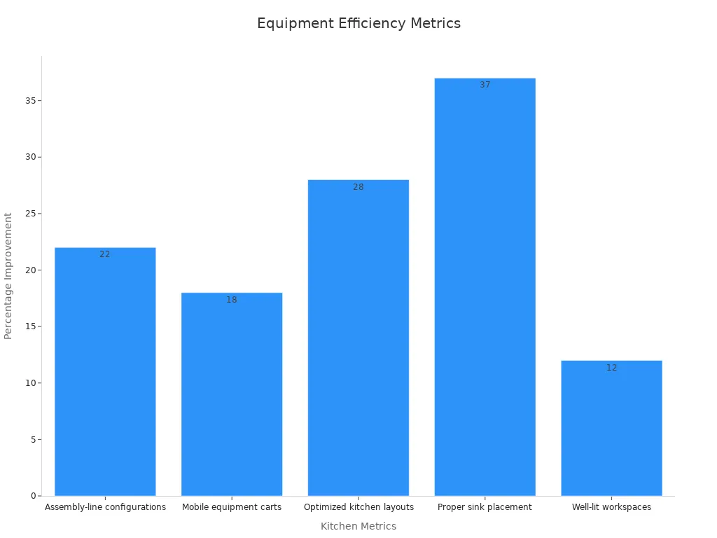 Bar chart showing efficiency metrics with percent improvements for restaurant kitchen setups