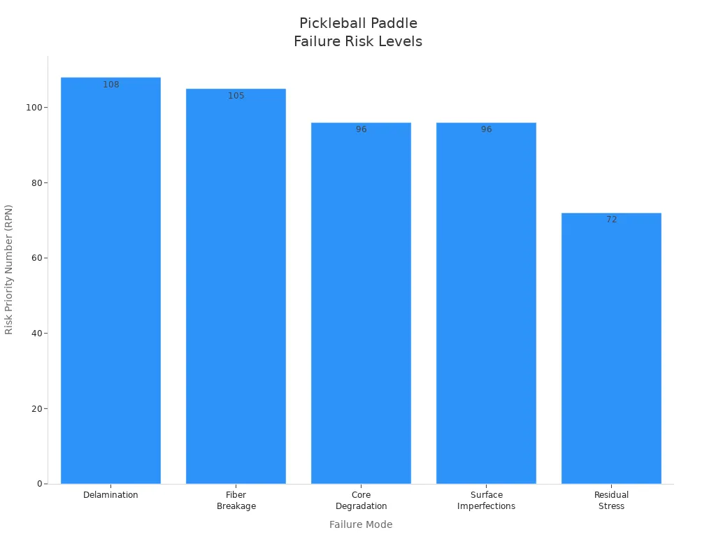 Bar chart comparing RPN values for common pickleball paddle failure modes