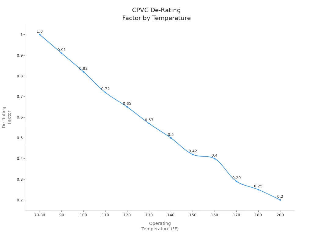 Line chart showing CPVC pipe fitting de-rating factor decreasing as temperature increases