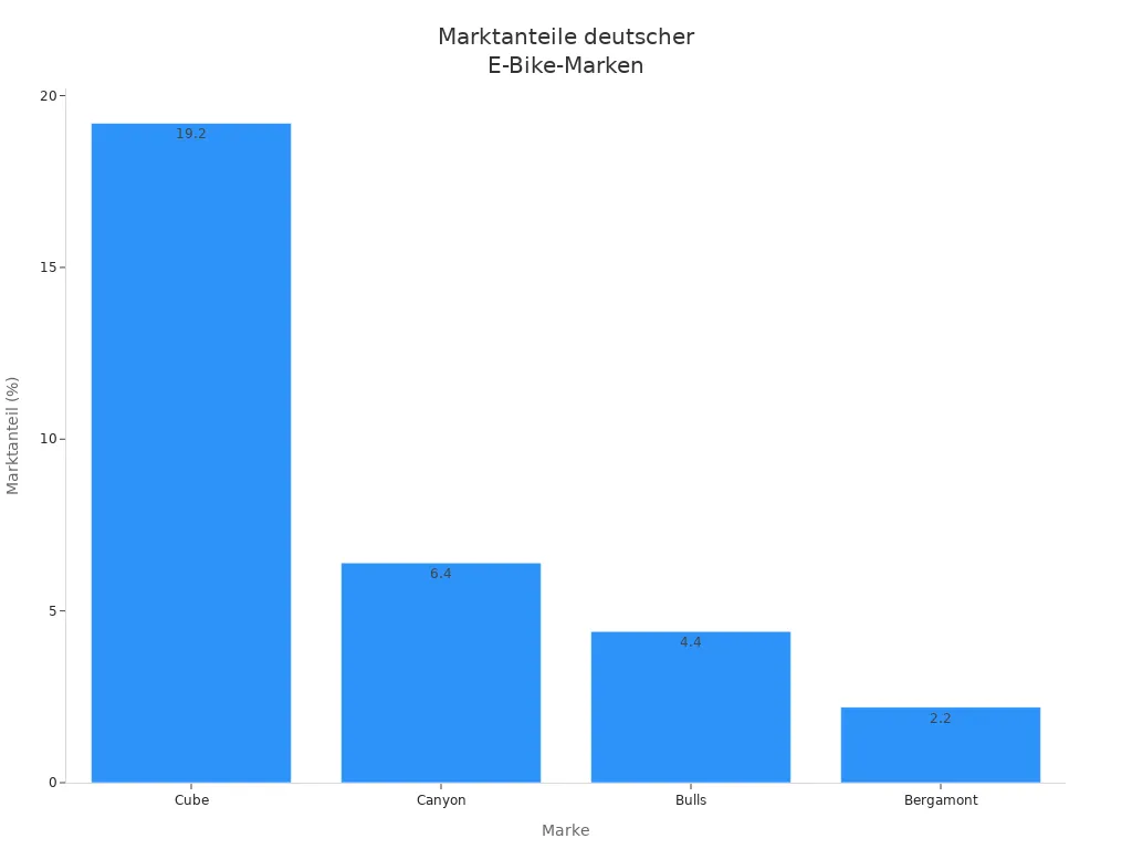 Balkendiagramm der Marktanteile von Cube, Canyon, Bulls und Bergamont E-Bikes in Deutschland