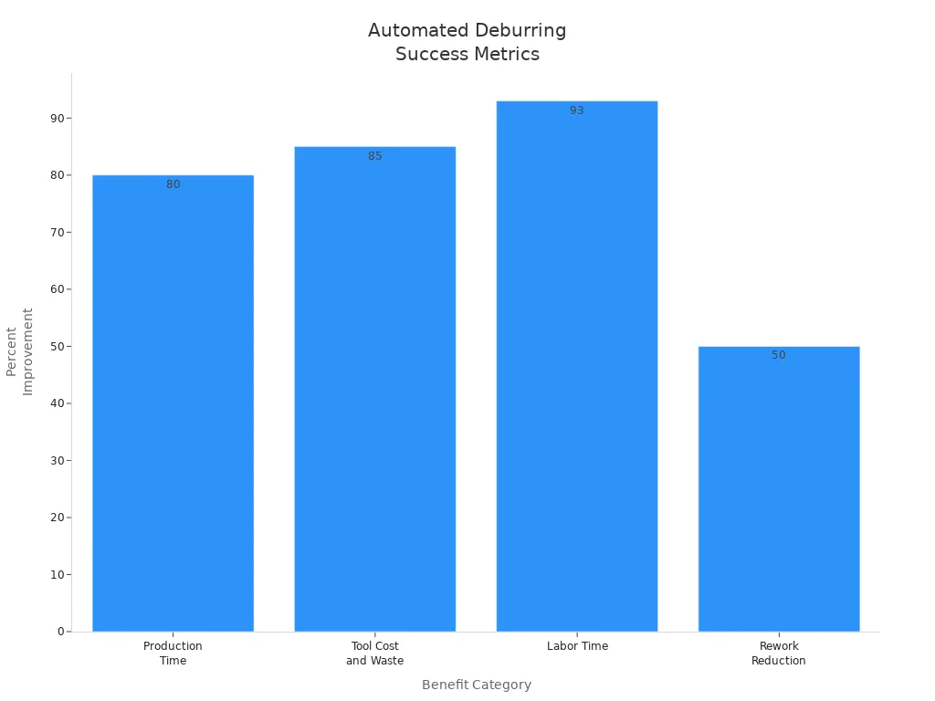 Bar chart showing percent improvement in production time, tool cost, labor time, and rework reduction from automated deburring in CNC production