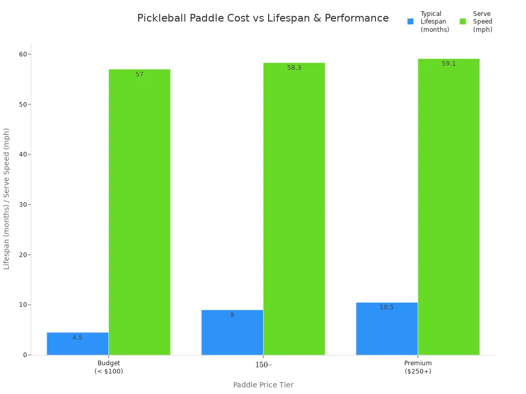 Bar chart comparing pickleball paddle price tiers by typical lifespan and serve speed