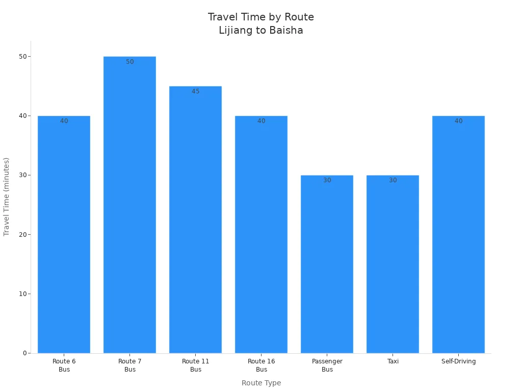 Bar chart comparing travel times for different routes from Lijiang to Baisha Village