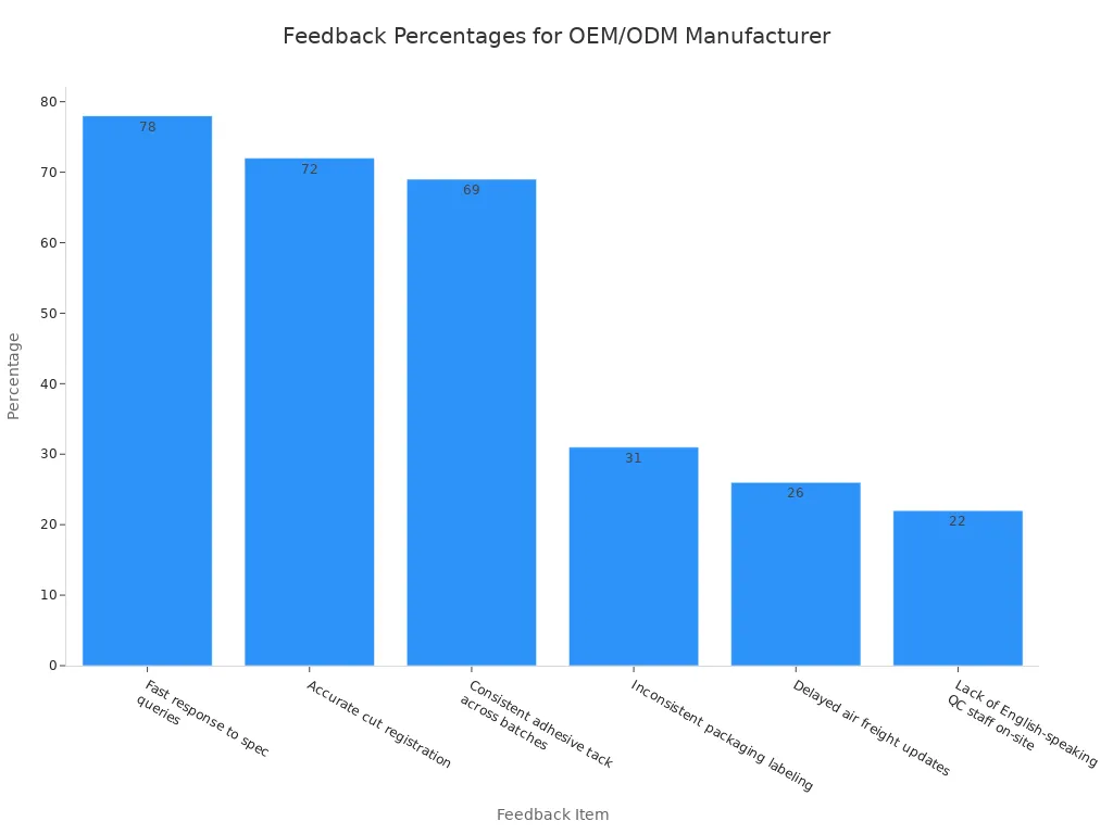Bar chart showing percentages of top praised traits and top complaints for an OEM/ODM screen protector manufacturer.