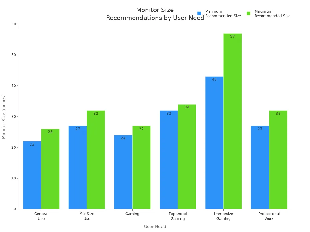 Bar chart showing minimum and maximum recommended monitor sizes for different user needs