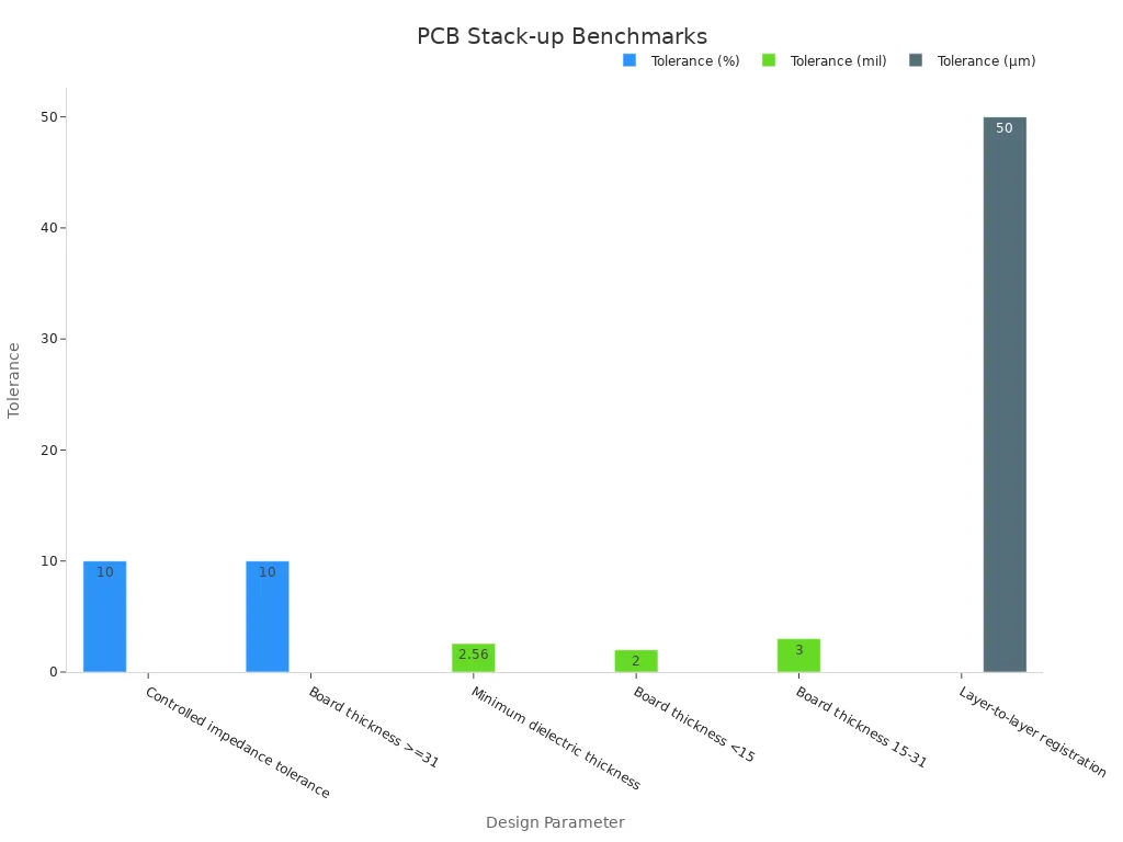 Bar chart showing PCB stack-up tolerances by design parameter