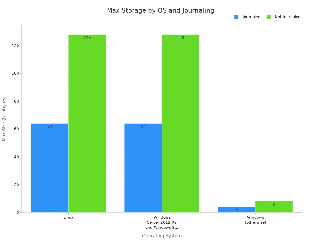 Bar chart comparing maximum storage sizes for different operating systems and journaling options in MongoDB.