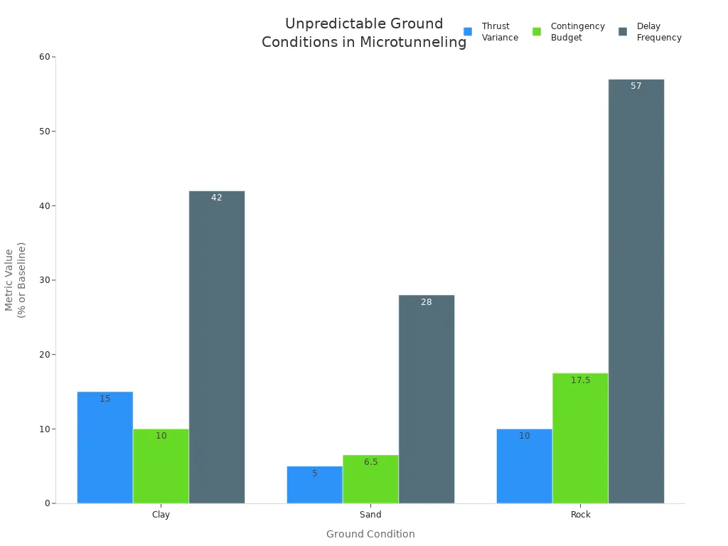 Bar chart comparing thrust variance, contingency budget, and delay frequency across clay, sand, and rock in microtunneling