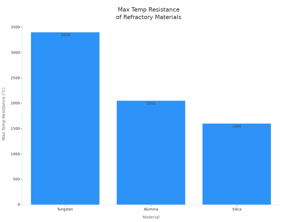 Bar chart comparing max temperature resistance of tungsten, alumina, and silica