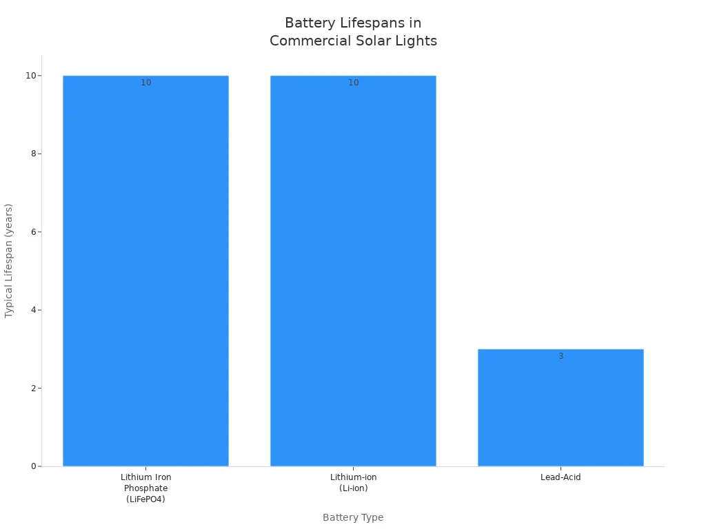 Bar chart comparing typical lifespans of LiFePO4, Li-ion, and Lead-Acid batteries in commercial solar lights