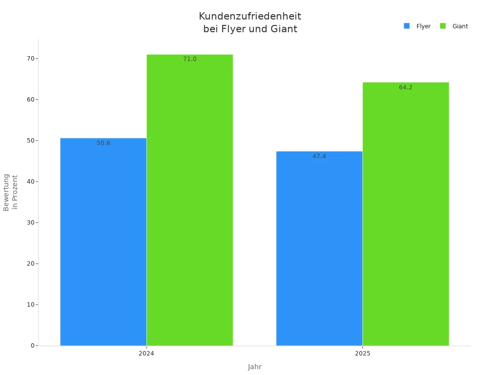 Balkendiagramm zeigt<br>Bewertungen von Flyer<br>und Giant E-Bikes<br>2024 und 2025
