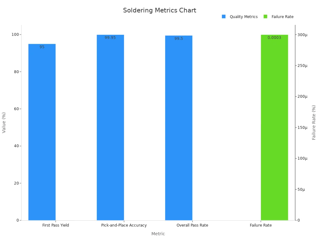 Bar chart showing LTPCBA performance metrics including yield, accuracy, pass rate, and failure rate