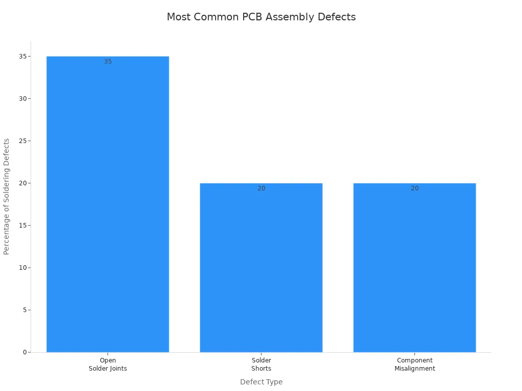 Bar chart showing the most common PCB assembly defects by percentage