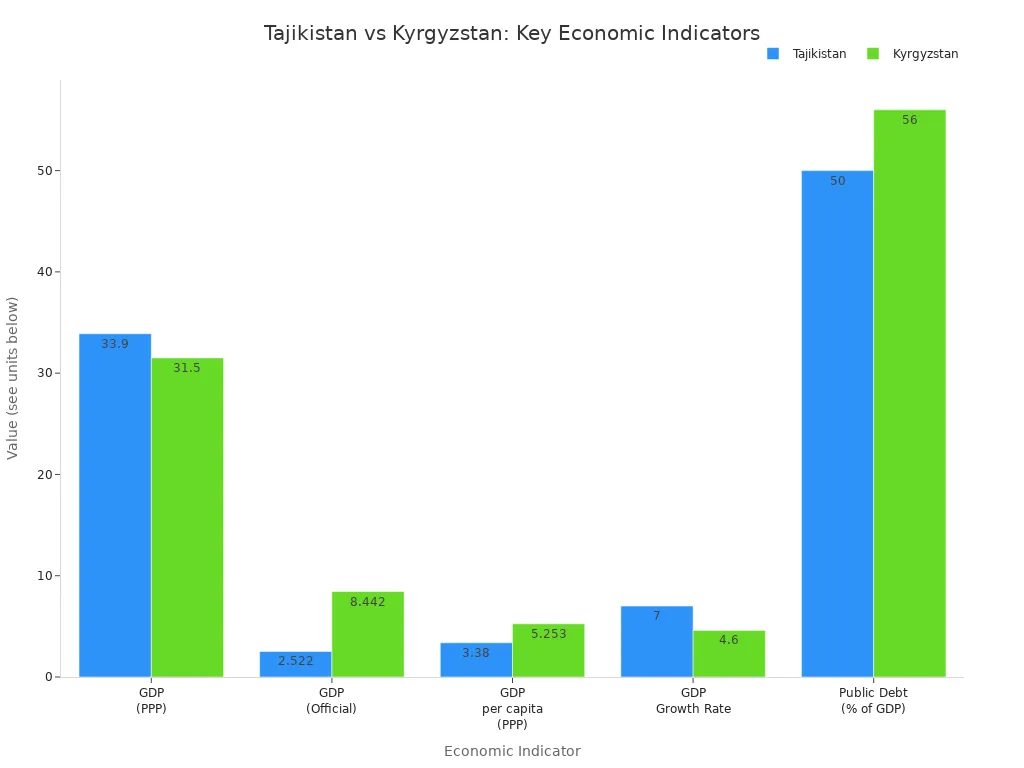 Grouped bar chart comparing Tajikistan and Kyrgyzstan on GDP, GDP per capita, growth rate, and public debt
