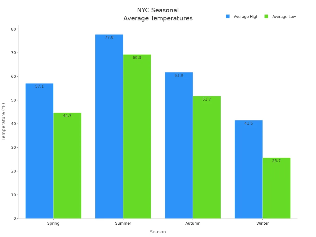 Grouped bar chart comparing average high and low temperatures for each season in New York City