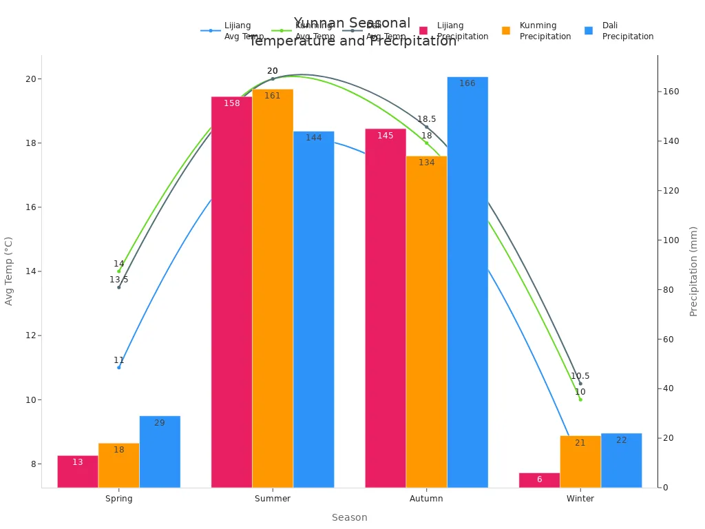 Line and bar chart showing average temperatures and precipitation for Lijiang, Kunming, and Dali across four seasons