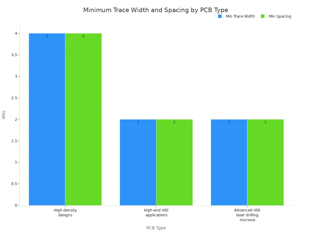 Grouped bar chart comparing minimum trace width and spacing for three high-density PCB types.