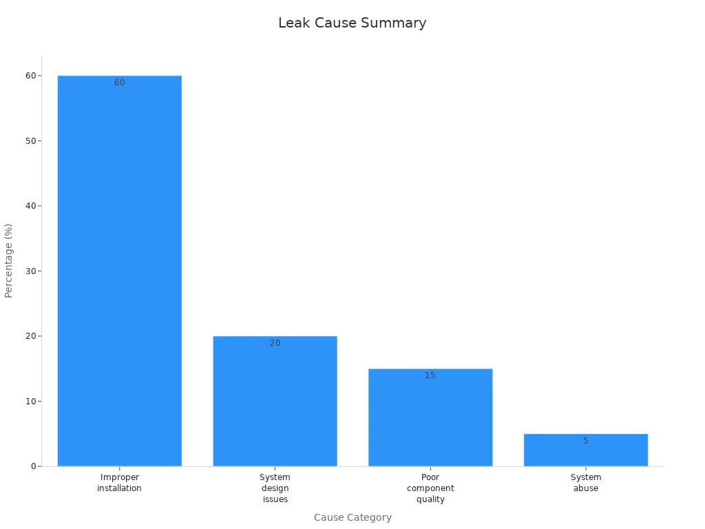 Bar chart showing leak cause percentages with improper installation at 60%, system design issues at 20%, poor component quality at 15%, and system abuse at 5%.