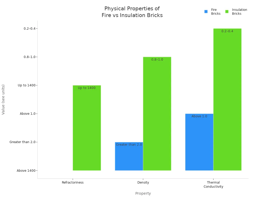 Grouped bar chart comparing refractoriness, density, and thermal conductivity of fire bricks and insulation bricks