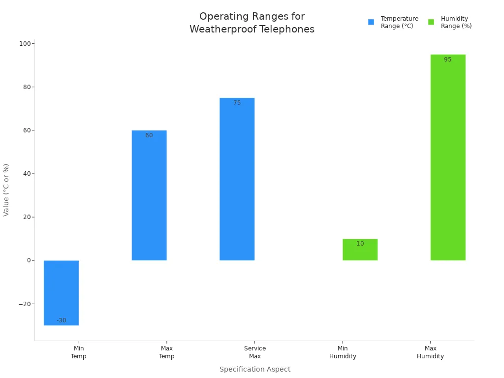 Bar chart showing temperature and humidity operating ranges for rainproof weatherproof telephones