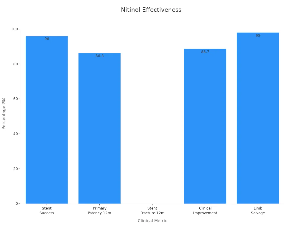 Bar chart showing nitinol stent success, primary patency, stent fracture, clinical improvement, and limb salvage percentages.