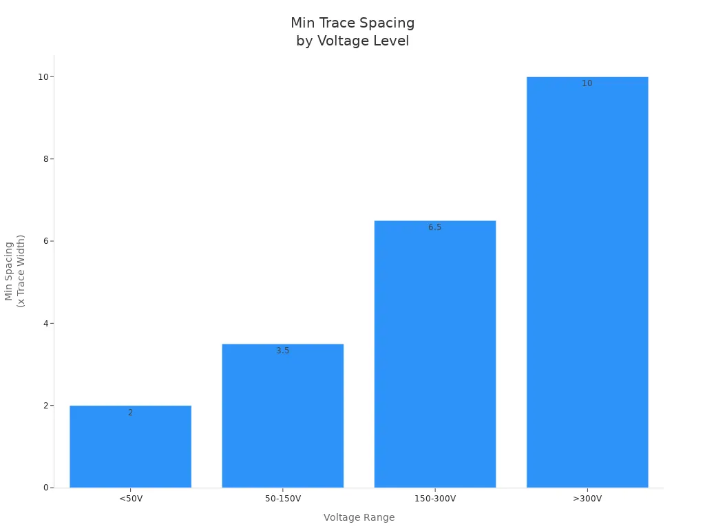 Bar chart showing minimum PCB trace spacing versus voltage range