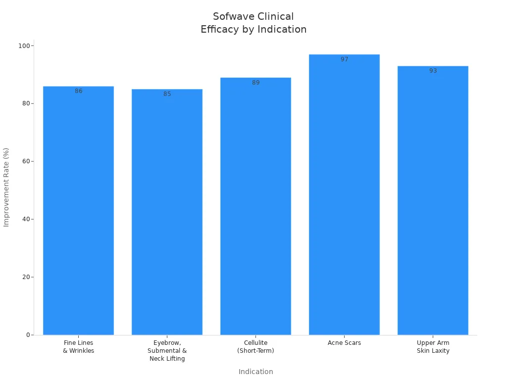 Bar chart showing Sofwave clinical improvement rates across five indications
