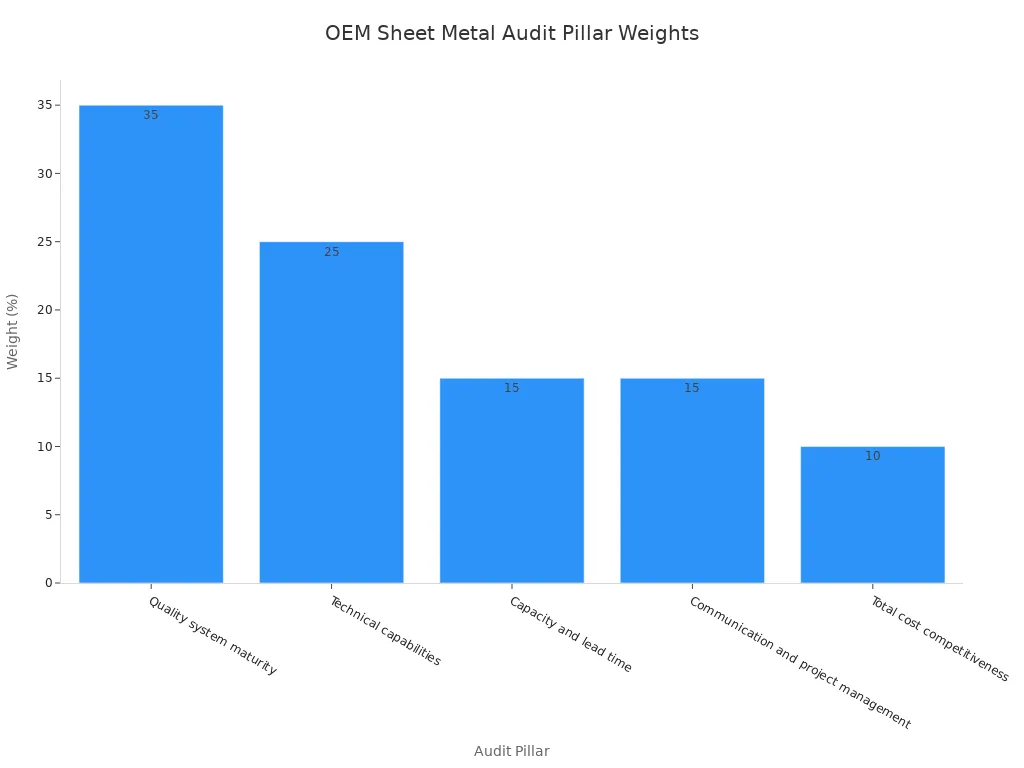 Bar chart showing weighted audit criteria for Chinese custom OEM sheet metal suppliers