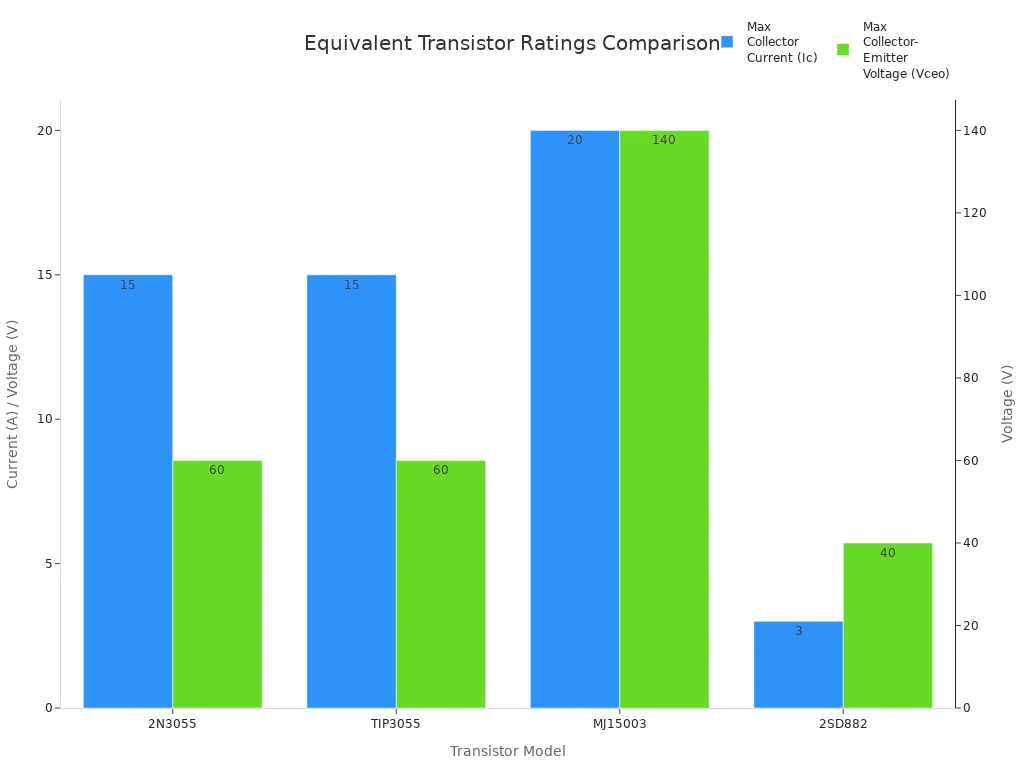 Bar chart comparing max collector current and voltage for 13003 equivalent transistors