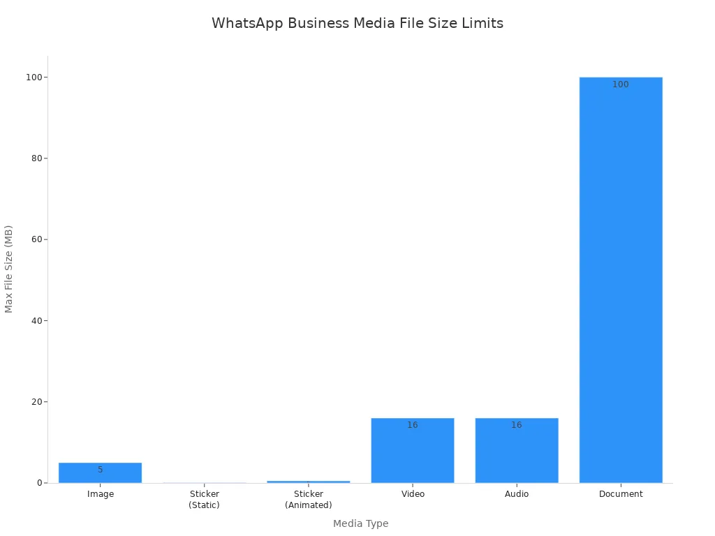 Bar chart comparing max file size limits for different WhatsApp Business media types
