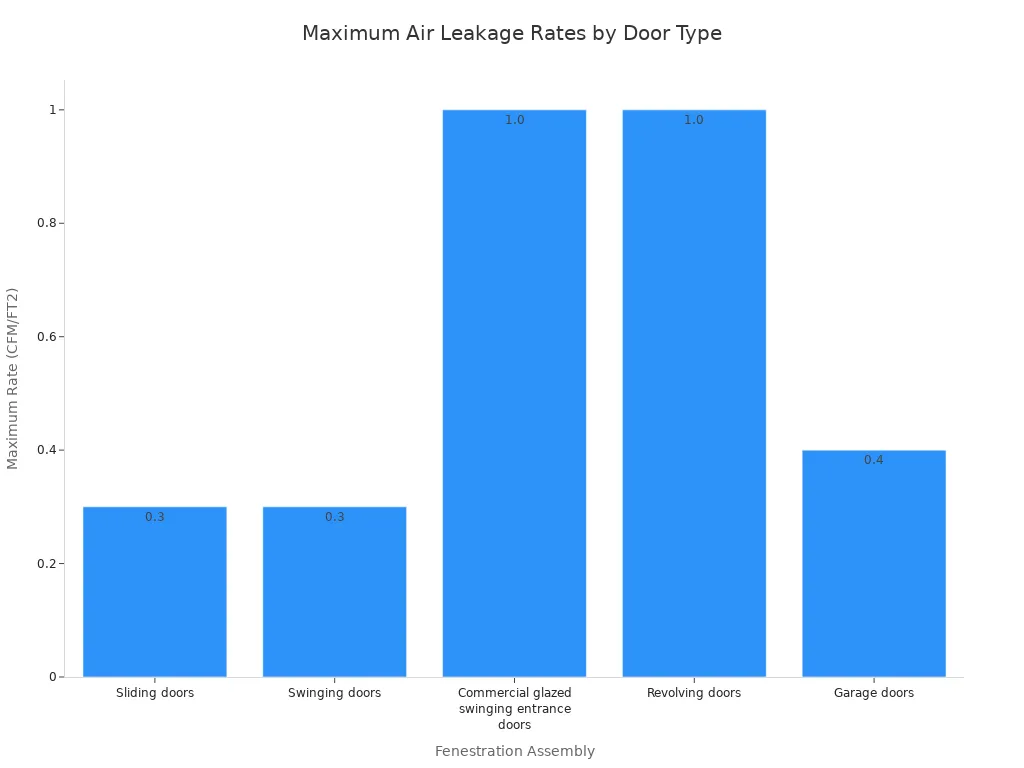 A bar chart showing the maximum air leakage rates for different types of fenestration assemblies. Sliding doors and swinging doors have a rate of 0.30 CFM/FT2. Commercial glazed swinging entrance doors and revolving doors have a rate of 1.00 CFM/FT2. Garage doors have a rate of 0.40 CFM/FT2.